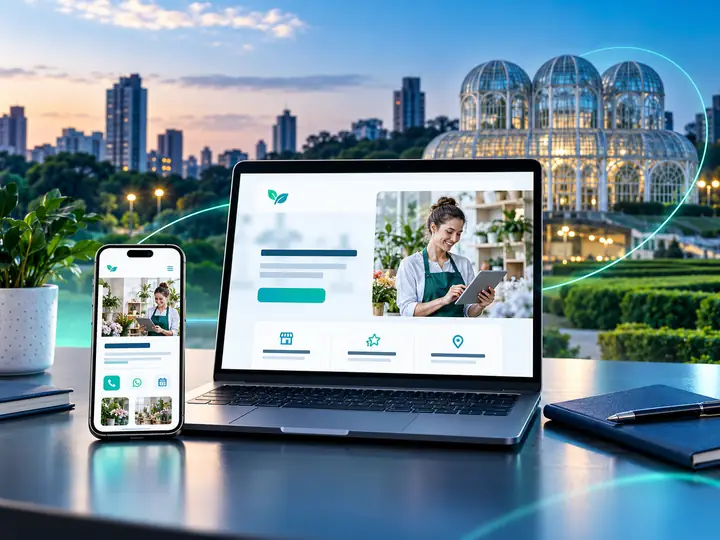 Notebook e celular exibindo um site profissional para negócio local em Curitiba